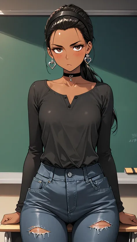 1Girl, Mature, Ebony, African American, Dark Skin, Jet Black Hair, Long Ponytail, Shiny Hair, Dark Brown Eyes, Medium Chest, Black Button-Up Long-Sleeve Shirt, Black Ripped Jeans, Black Tie, Heart Earrings, Black Hairband, Black Choker, Looking At Viewer, ...