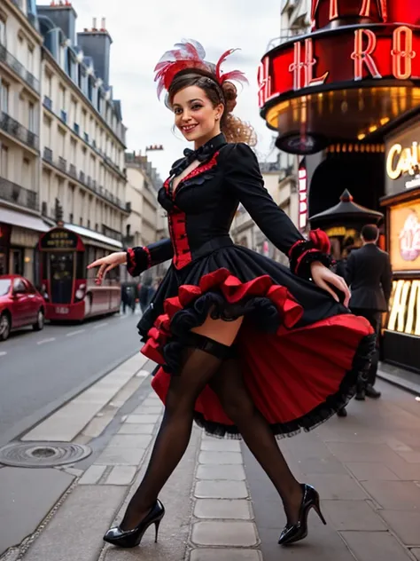 a French Cancan dancer walking near the Moulin Rouge in Paris. She wears a ruffled red and black dress, wearing black stockings, high heels and a feathered headdress, capturing the spirit of the Parisian cabaret. The atmosphere of the street, with its cobb...