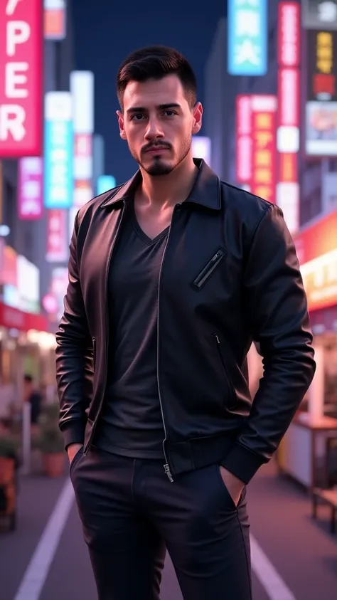 man, handsome,  brown,  short hair, toned and with modern clothes. It's on a street in Japan with lots of neons