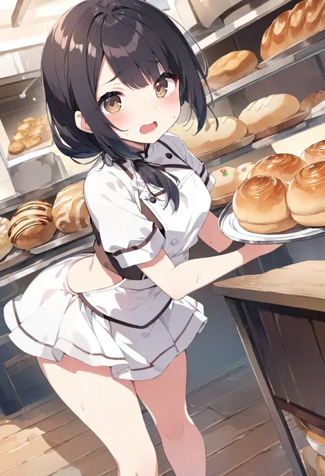 （best quality), high school students, a girl , solo, (lovely), (wearing beautiful detailed pastry chef clothes), black Hair, comb over hair, low ponytail hairstyle, {Narrowed eyes, cool brown eyes: 1.2}, full body, ((flat breasts)), background is the baker...