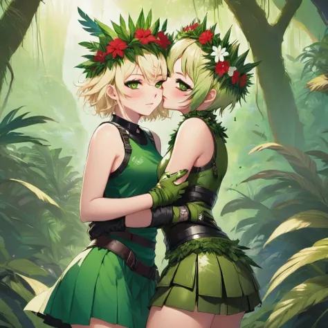 Goddess of nature, lewd expression, war paint on body, Green Sleeveless jungle top, Green ripped skirt, small leather gloves, short blonde Hair with some fringe falling over her face, flower crown, full body, war paint, Hugging a white dressed girl from be...