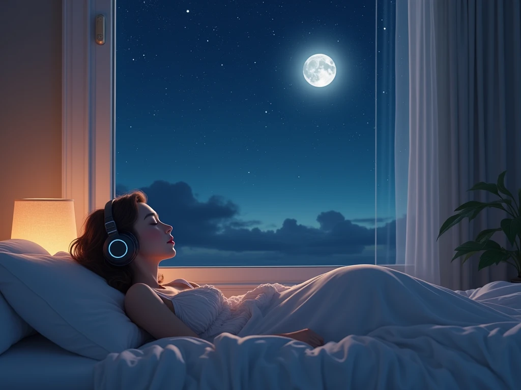 (masterpiece) a girl (Miss) sleep in bed, on her bed, wearing headphones, Window clear showing moon and stars, calm, peaceful, thinking, Work, color grading, Nice color coding,