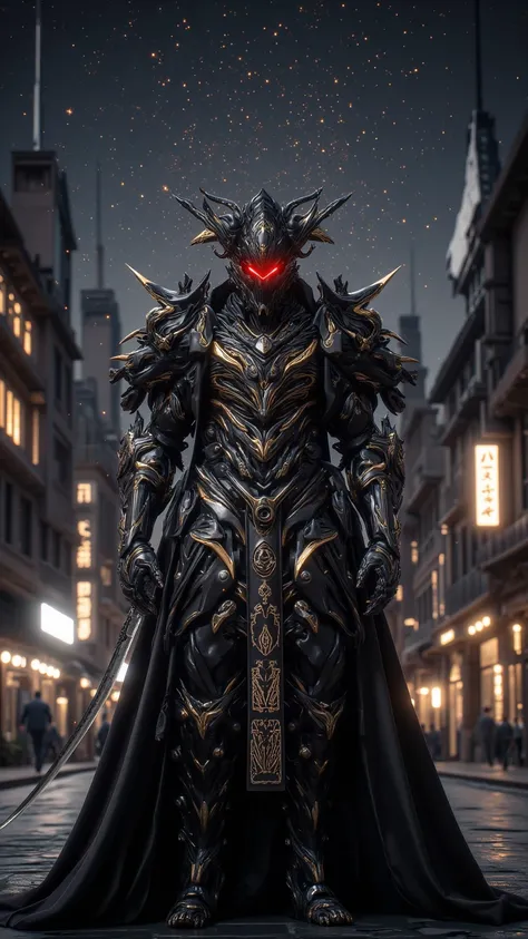  A mysterious and charming figure ， with dark red eyes ， dressed in beautiful black and gold warrior armor {x}，Holding a double sword ， stands against the backdrop of a starry city street 。