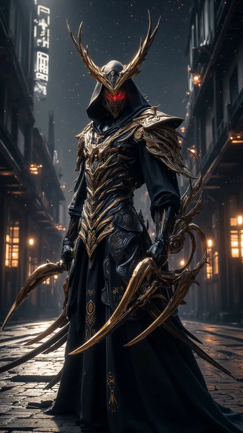  A mysterious and charming figure ， with dark red eyes ， dressed in beautiful black and gold warrior armor {x}，Holding a double sword ， stands against the backdrop of a starry city street 。