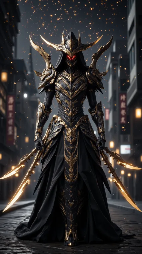  A mysterious and charming figure ， with dark red eyes ， dressed in beautiful black and gold warrior armor {x}，Holding a double sword ， stands against the backdrop of a starry city street 。