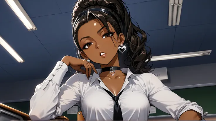 1Girl, Mature, Ebony, African American, Dark Skin, Jet Black Hair, Long High Ponytail, Shiny Hair, Dark Brown Eyes, Brown Eye Shadow, Medium Chest, White Button-Up Long-Sleeve Shirt, Black Ripped Jeans, Black Tie, Heart Earrings, Black Hairband, Black Chok...