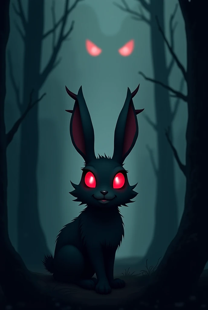 I need an animated style image , rectangular,  on a horned hare in what appears to be a dark forest,  and in the background you can see a pair of red eyes ,  keep a simple style and simplicity also in the shape of the coloring, Use several colors but keep ...