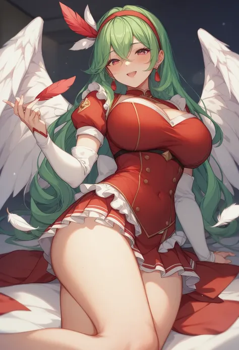 (( super detailed、 high quality、 Masterpiece))、 big pure white wings、 green hair( hair extended to her shoulders)、 mini dress 、( RED DRESS、White sleeves、 mini skirt feather shape 、Big breasted beauty with short sleeve feather shape ) thighs、 mature body 、 ...