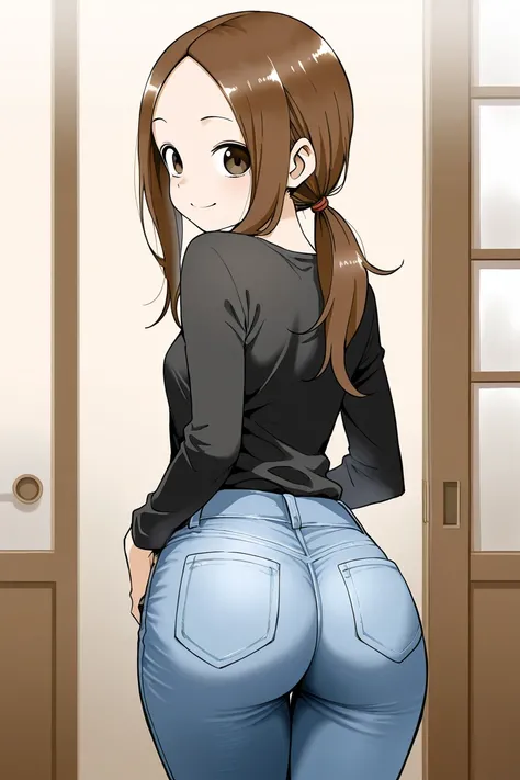 high resolution picture, masterpiece, best quality, amazing quality, official art, solo, 1girl,  Takagi-san from  Karakai Jouzu no Takagi-san, 1girl, aatakagi, solo, aged up, long hair, brown hair, low ponytail, parted bangs,  black shirt, long long sleeve...