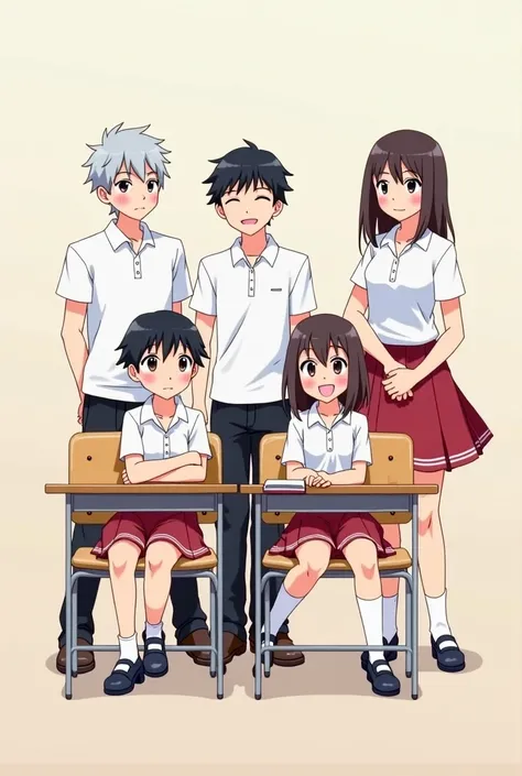 Replace the two sitted character make them older like the age of the characters who's standing and make the boy at the middle a girl character