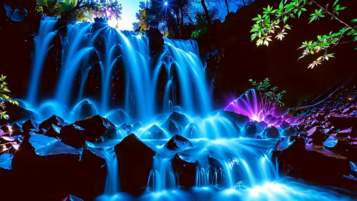 32K Resolution Masterpiece , highest quality , super detailed, Extremely high resolution 32K wallpaper , shot with a fisheye lens ,Many layers of waterfall flow , cobalt blue luminescent waterfall,A bird's-eye view, The rock shines fluorescent green , ...
