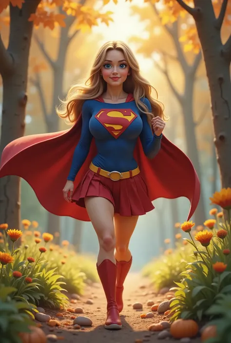 In SUPERGIRLA blonde costume (red high boots, she is sexy, red short pleated skirt, yellow belt with buckle, blue long sleeved sweater, S sign on the chest, and cape, very sexy and young 3D CARTOON FEMALE as SUPERGIRLA with blue eyes and long hair, sexy ru...