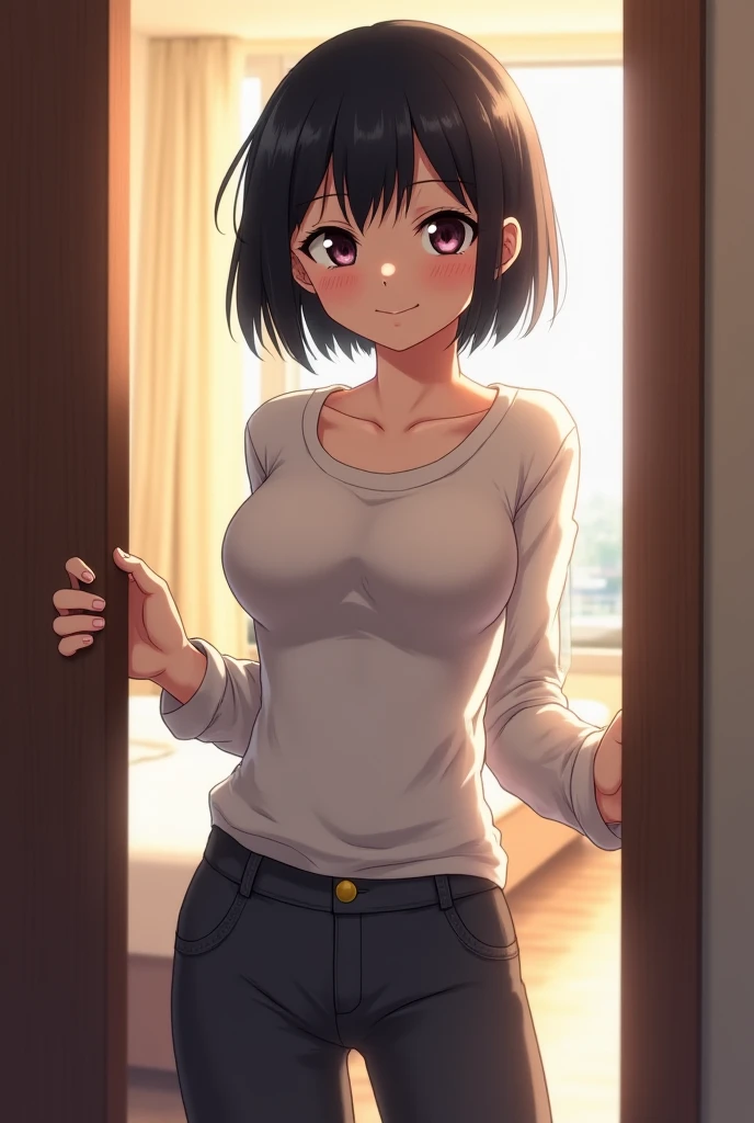 Short haired 2D anime girl with black hair, sharp eyes, charming, made this quiet, boring looking at us. Big breasts wearing a long-sleeved top over a tight white shirt with long pants, is opening the door to the backdrop of a rented condo.