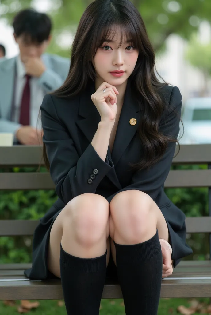 ( photorealism:1.2), A  beautiful Japanese model in her twenties trying to suppress the embarrassing urge to fart、 hairstyle:   straight long hair 、39; thick legs, Female bank employee &#39;Uniform, 39;Office worker businesUniform、Bitter Smile and Stomach ...