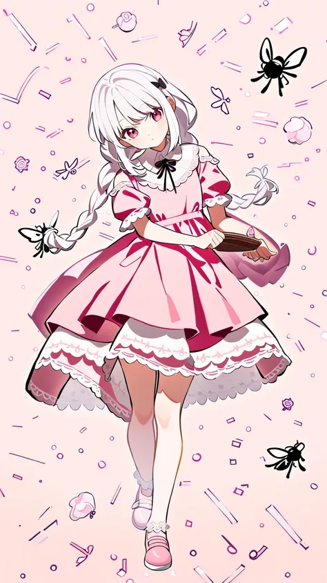 A girl with white hair with double twist braids ， wearing a pink dress, white lace, small fly sleeves, white collar， cute，Wearing pink leather shoes