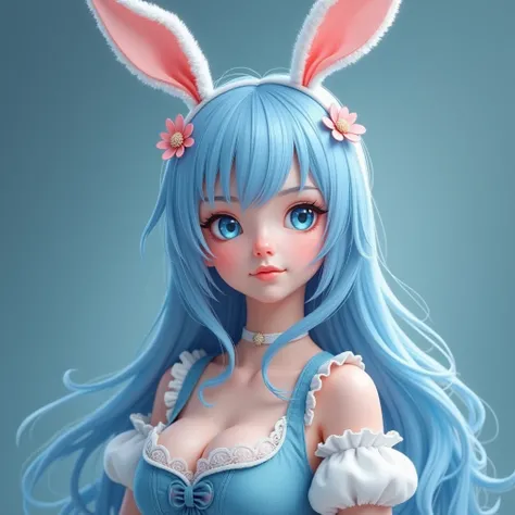 Young woman with pastell blue long hair, blue eyes, wearing flowers on her head and bunnyears, wearing a blue dirndel