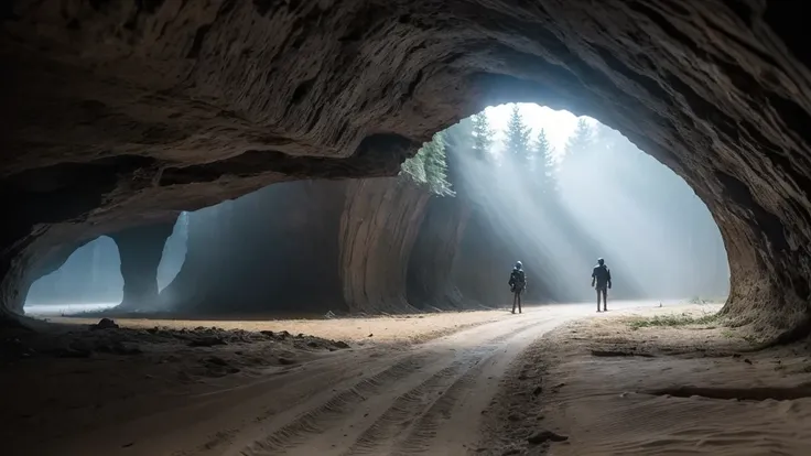 Eye level, long distance, image of a cave underground in the middle of an ancient forest (empty, no living things) the background is a forest in all directions, all areas are filled with white fog everywhere (no sunlight)