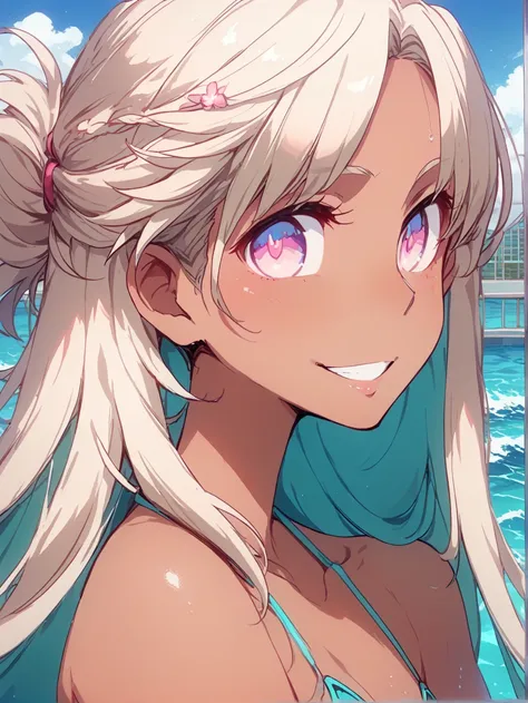  Masterpiece,  great quality, highest quality, super detailed,8k, illustration,CG, Shiny Hair, clean skin, super detailed-eyes,cute girl, eyelash chain micro bikini,Dark Skin,   blond hair, wave hair, pool,smile, Sexy Pose ,pt