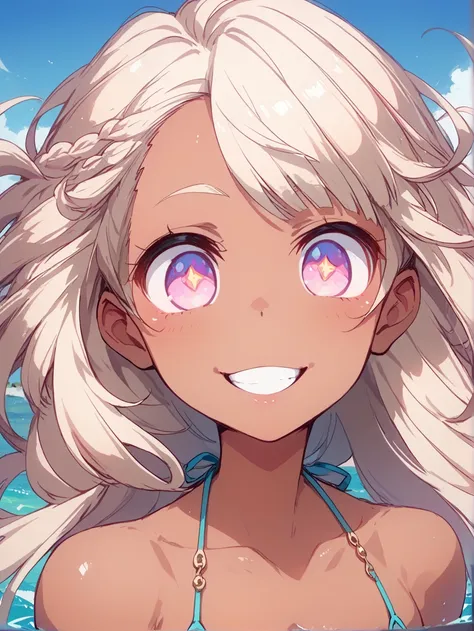  Masterpiece,  great quality, highest quality, super detailed,8k, illustration,CG, Shiny Hair, clean skin, super detailed-eyes,cute girl, eyelash chain micro bikini,Dark Skin,   blond hair, wave hair, pool,smile, Sexy Pose ,pt