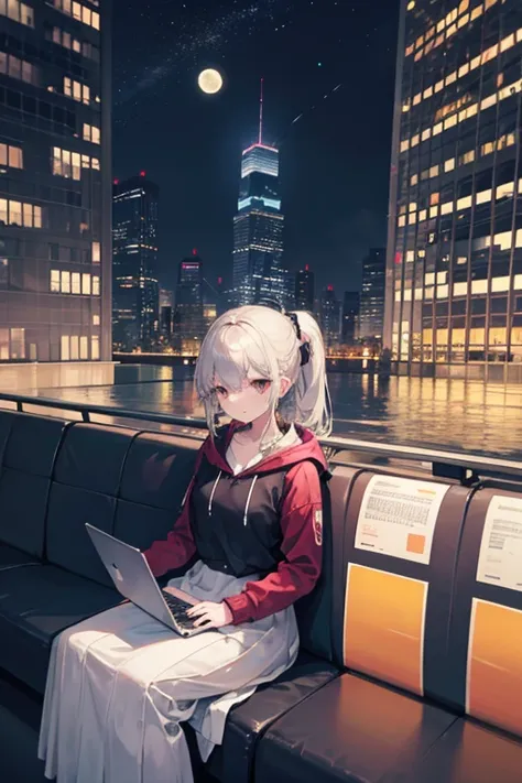   attention to detail ,  super detailed,  ultra high resolution, The girl on the train ,  long skirt, Relaxed parka,  ponytail, Hair color is black, She's sitting on a train chair , Late Night,  midnight, Cityscape, A row of skyscrapers, I can see the full...