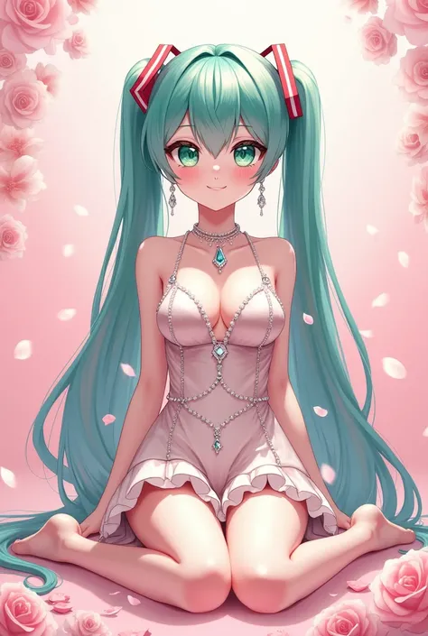 1girl, Hatsune Miku, VOCALOID, micro mini dress, white peach print, latex, shiny, tiger 1 late model tank, sitting, flowers, rose petals, aqua hair, long hair, big eyes, green eyes, shiny eyes, perfect makeup, pink background, white skin, white diamond ear...