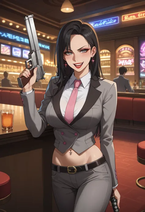 , 1girl,  Black hair, grey eyes, large breasts, grey suit, pink necktie, gauntlets, katana,  navel , exposed belly, exposed navel, (nsfw) not safe for work, hold a gun,knot, holding pistol,, dragon tattoo, narrowed eyes, tattoo midriff, evil smile, smile, ...