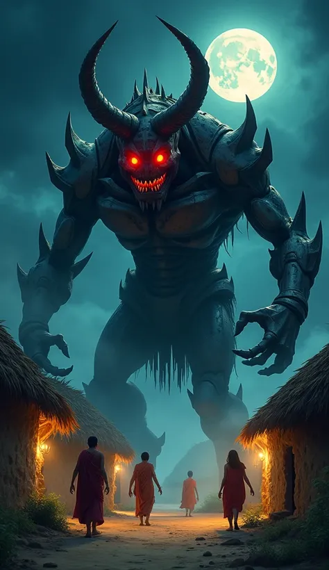 A cartoon-style ultra HD image of a terrifying, towering iron demon with glowing red eyes, roaming a small rural village at night. The demon has a rough metallic body with sharp edges and rust patches. The villagers, dressed in traditional Indian attire, h...