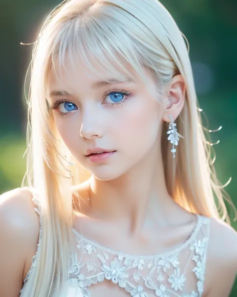 night、 live shooting 、(((A portrait of ultimate beauty)))、(( Hydrated Glowing Skin ))、 in the seat、Beautiful baby-faced 15-year-old girl from Prague、Bangs above the eyes、Bangs that fall on the face、 bright expression 、((Sparkling bright platinum blonde ))、...