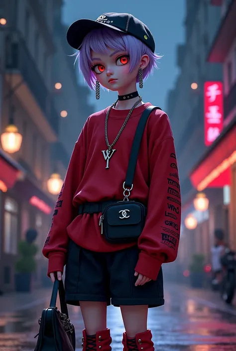 3D anime style, Gothic style,  boy, light purple gradient hair color, black Y-shaped earrings, red eyes, Chanel baseball cap, spiked black collar, silver long necklace, loose red long-sleeved top, Indian text decoration on the front of the top, chain decor...