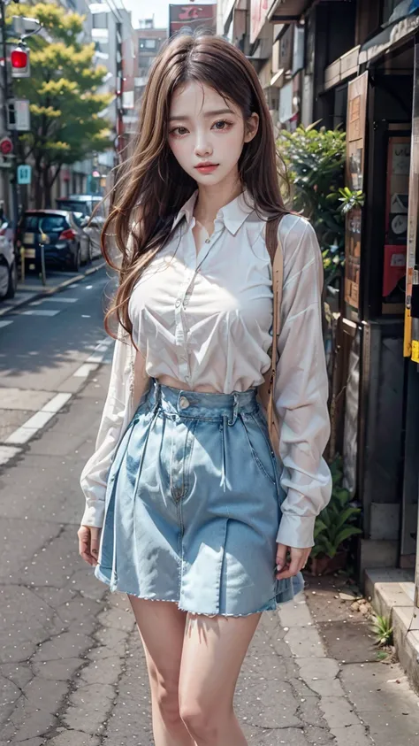 a beautiful 18 year old Japanese high school girl with perfect anatomy, healthy thighs, beautiful legs, beautiful skin, random hair color and style, large breasts, (wearing a Japanese schoolgirl uniform:1.3), (she is standing:1.2), penny loafers, holding a...