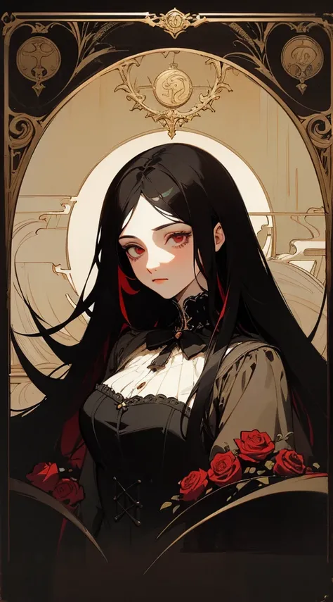 A gothic art style portrait of a beautiful woman with long black hair, wearing a luxurious black Victorian dress adorned with red roses and golden ornaments. Dark fantasy aesthetic, tarot card style, intricate details, highly detailed, vintage art, Art Nou...