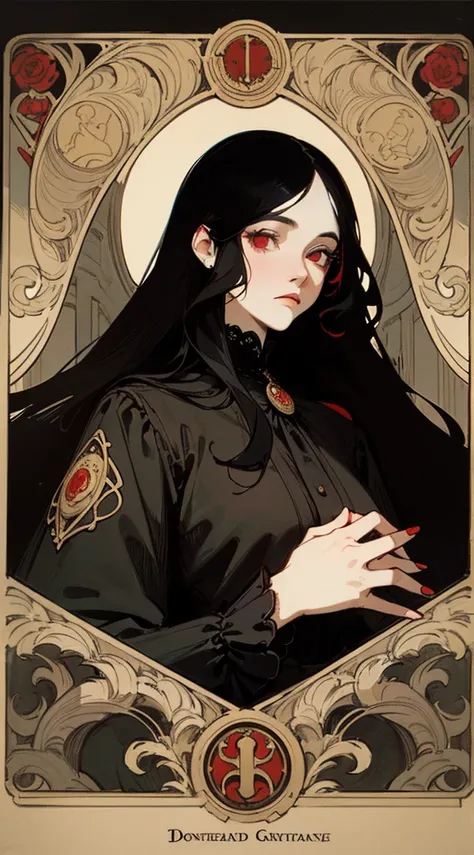 A gothic art style portrait of a beautiful woman with long black hair, wearing a luxurious black Victorian dress adorned with red roses and golden ornaments. Dark fantasy aesthetic, tarot card style, intricate details, highly detailed, vintage art, Art Nou...