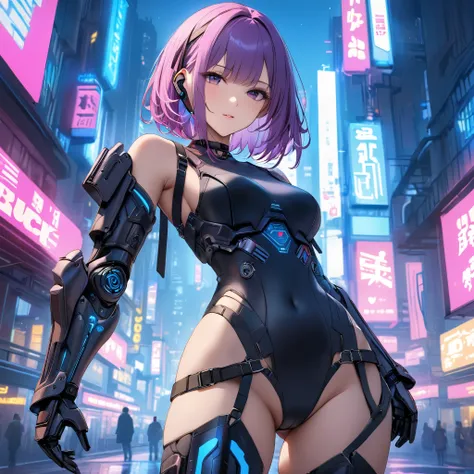  Masterpiece,  highest quality, perfect face,  highest resolution, 1 woman, slender body, orchid color hair, Wavy bob hair,  cyberpunk, iron blue mechanical arm guards, iron blue mechanical leg guards, Black body armor, Expose Shoulder, Expose thighs, mech...