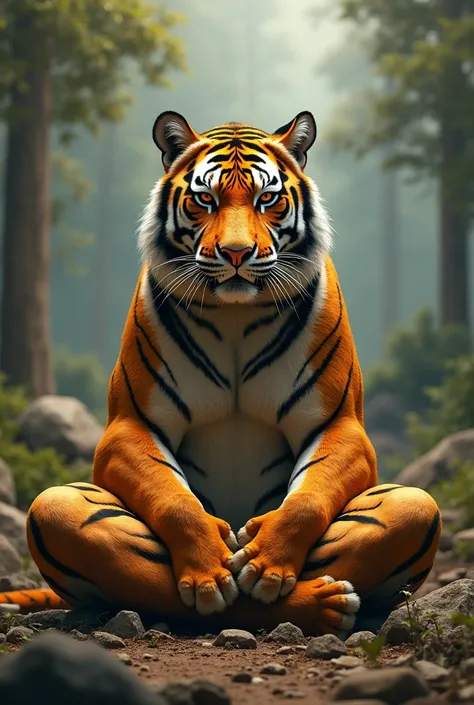 tiger sits cross-legged 