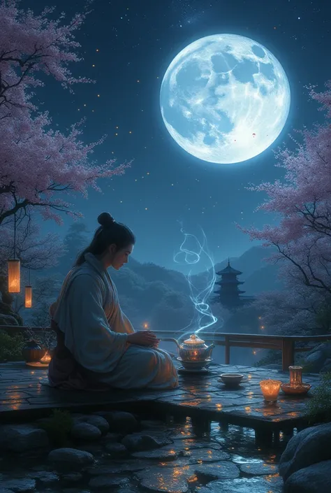 A serene and enchanting scene of a moonlit tea ceremony, where tradition and mysticism intertwine beneath a star-filled sky. A lone tea master, draped in flowing silken robes, sits gracefully at a lacquered wooden table set upon a tranquil garden terrace. ...