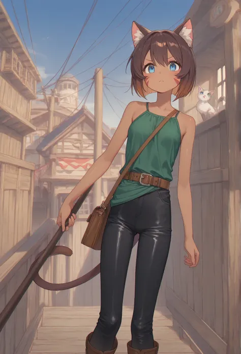  very awa, masterpiece, best quality, newest,  highres, absurdres、Fantasy World、 There is only one 、Cat girl、 brown skin、Three red patterns on the cheeks、 small breasts、 slender body、 thin legs、 slightly long neck 、 shiny reddish brown hair 、 short bob、 bl...