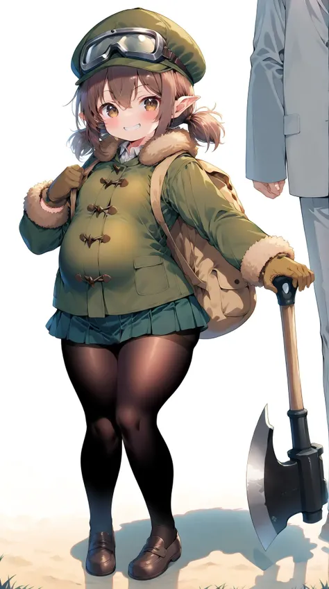 solo, (((Under 80 cm tall ))), ((( small  girl ))), ( plump body ), ( plump face),  chest,Thick thighs,( short legs), Smiling Quietly, Hand gloves , (((Big Axe))), ( white background), ( standing picture),  Masterpiece,  anatomically correct, fuzzy brown d...