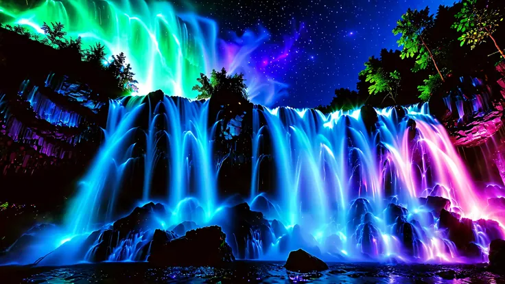 32K Resolution Masterpiece , highest quality , super detailed, Extremely high resolution 32K wallpaper , shot with a fisheye lens ,Many layers of waterfall flow , Scales like Niagara Falls, cobalt blue luminescent waterfall,A bird's-eye view, The rock s...