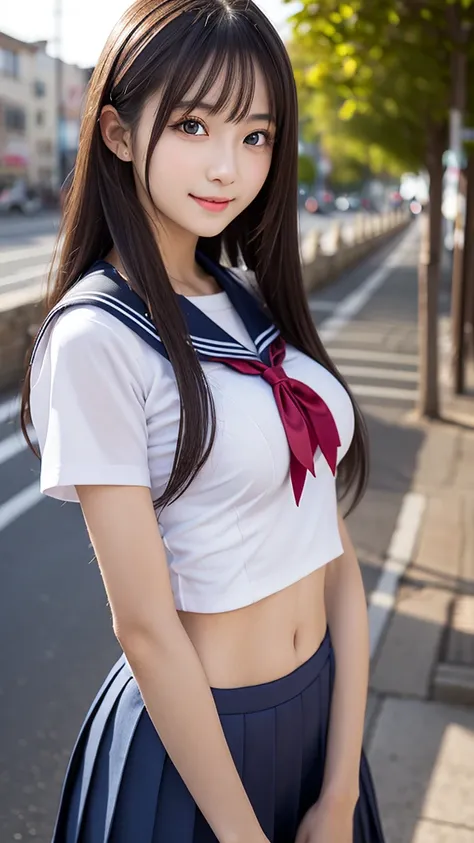 ((​masterpiece)), (( top quality)), photo,  4/5 upper body portrait,　sailor student uniform、the most beautiful girl, very slim、realistic、big round breast, detailed skin, detailed eyes, prostitute, Bewitching goddess 