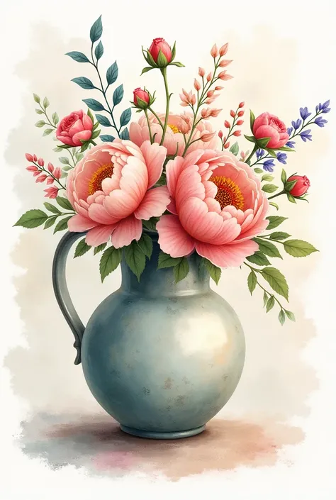 Elegantly hand-drawn ceramic vase adorned with blooming peonies, roses, and wildflowers in vibrant watercolor hues. Delicate brushstrokes create whimsical background patterns. Warm sunlight filtering through petals, evoking nostalgic cottage garden charm. ...