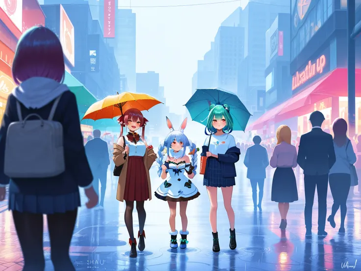 masterpiece, best quality, ultra-detailed, illustration, colorful, japan, busy street, city center, lots of people, rainy day, umbrellas, 5 girls, hololive, holomyth, usada pekora, houshou marine, shirogane noel, uruha rushia, shiranui flare