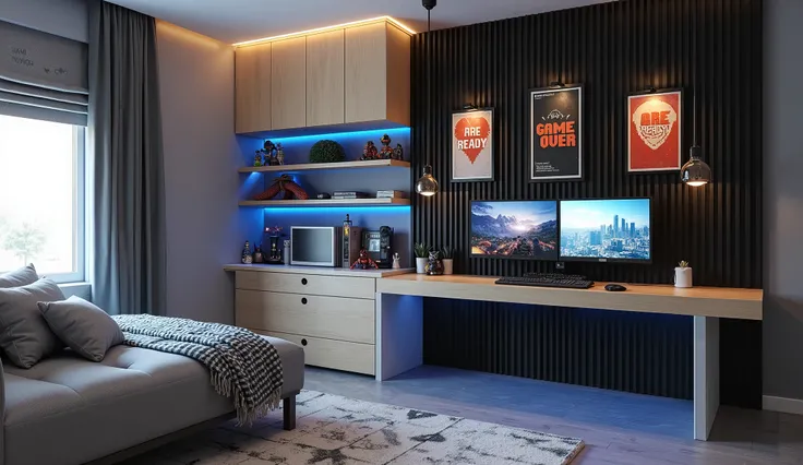 Modern and multifunctional room designed for work, entertainment, and relaxation.

Right wall: Black slatted panel covering most of the wall, with a central section of light wood. Decorated with three thematic posters: one reading 'ARE YOU READY' in a game...