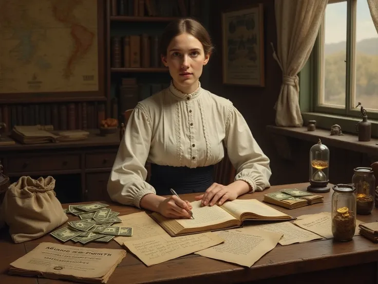 *"Portrays a young Ellen White (around her 30s and 40s), dressed in modest 19th century clothing typical of Adventist women of the time. She is seated in front of a rustic wooden table, covered with scattered dollar bills, some arranged in piles next to ol...