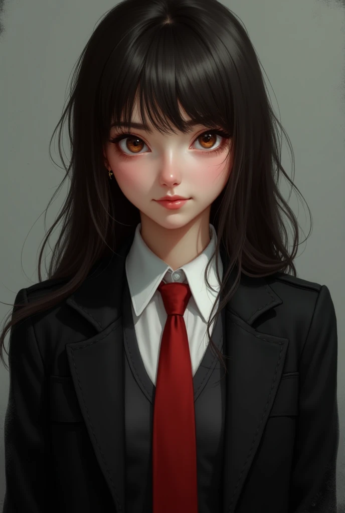 Make a grade 12 student girl with black long hair with brown eyes, she wears a black coat, white blouse and red necktie