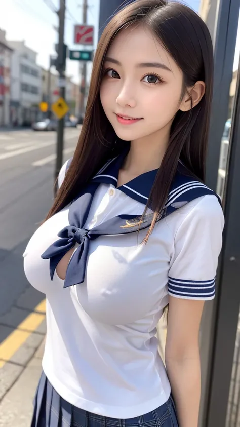 ((​masterpiece)), (( top quality)), photo,  4/5 upper body portrait,　sailor student uniform、the most beautiful girl, very slim、realistic、big round breast, detailed skin, detailed eyes, prostitute, Bewitching goddess 