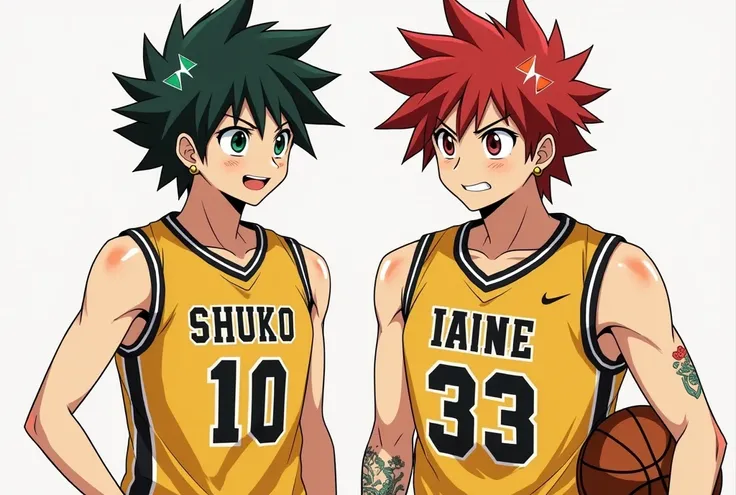 2 oc de l'anime basketball haru no sora 
garçon 1 cheveux noir et vert 
yeux ecarlate stylé artificiel 
maillot   jaune  et noir de shuko gakuen
1m80   sourire arrogant )
garçon 2 cheveux rouge herisssé sauvage 
boucle d'oreille or tatuage 
1m80   
style a...