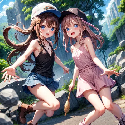  pink brown brown hair、  blue eyes、  Has hair tied  、Two cute people、  check mini skirt、  black t-shirt、 Light clothing、  tank top、  camisole、 high socks、 Boots、Teeth are visible、The stone is cracked、  The Road Is Crooked 、Mountain々、fog、 moon、  shooting st...