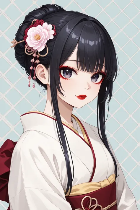 Anime-style illustration of a young Japanese courtesan from the Edo period, with long, flowing black hair styled in a modest traditional updo with a few simple kanzashi hair ornaments. She wears a slightly worn but still beautiful kimono with muted colors ...