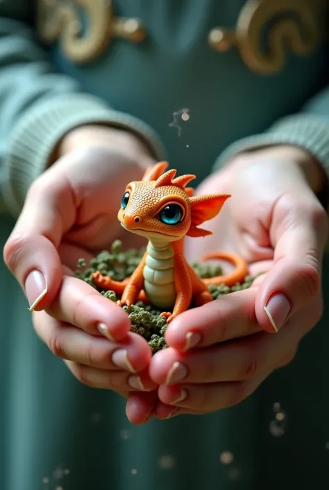 Image of a small dragon animal in human hands