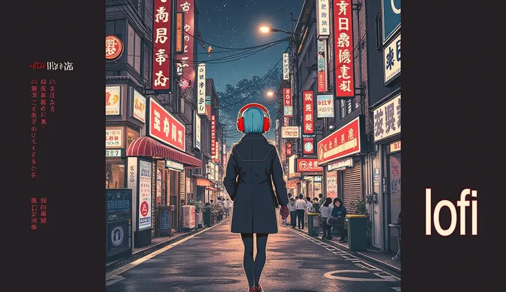  wearing red headphones 、Back view of a woman walking on the street at night in Tokyo、 hairstyle with shortcuts, hair color light blue、The starry sky is beautiful 、On the top right「lofi」Larger description 